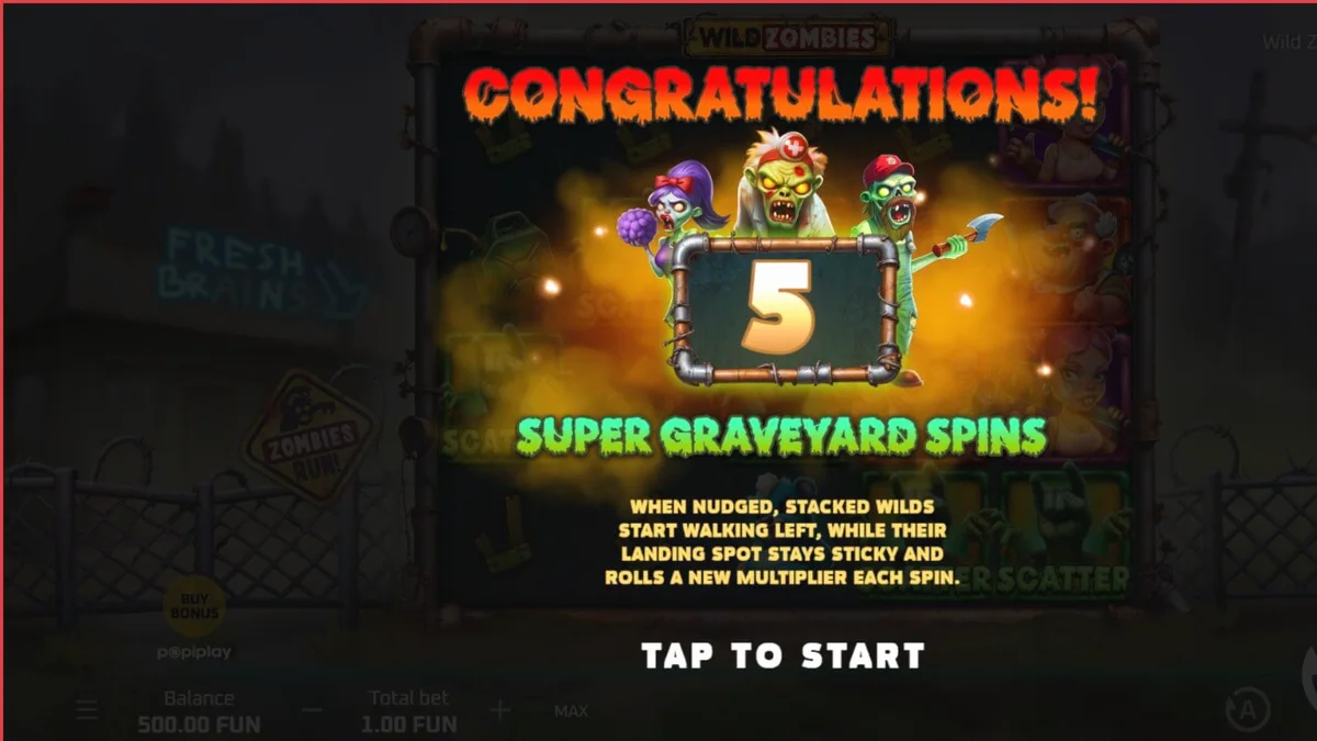 Tampilan visual slot Wild Zombies dengan karakter zombie lucu dan latar belakang kiamat.