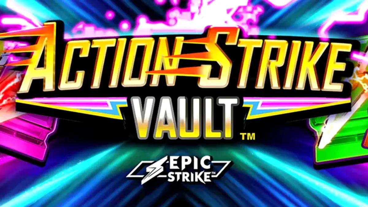 Tampilan visual slot Action Strike Vault dengan tema neon luar angkasa